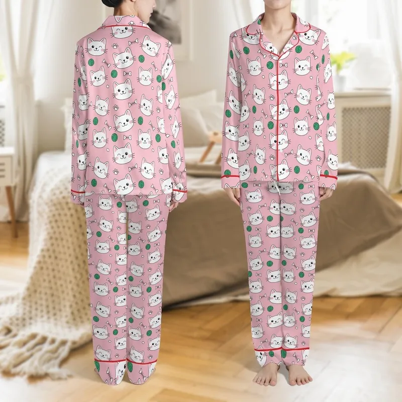 Cat Lovers' Whimsical Bubblegum Pink Smiling Cat Faces & Emerald Green Playful Pet Pattern Satin Pajamas Set - 1