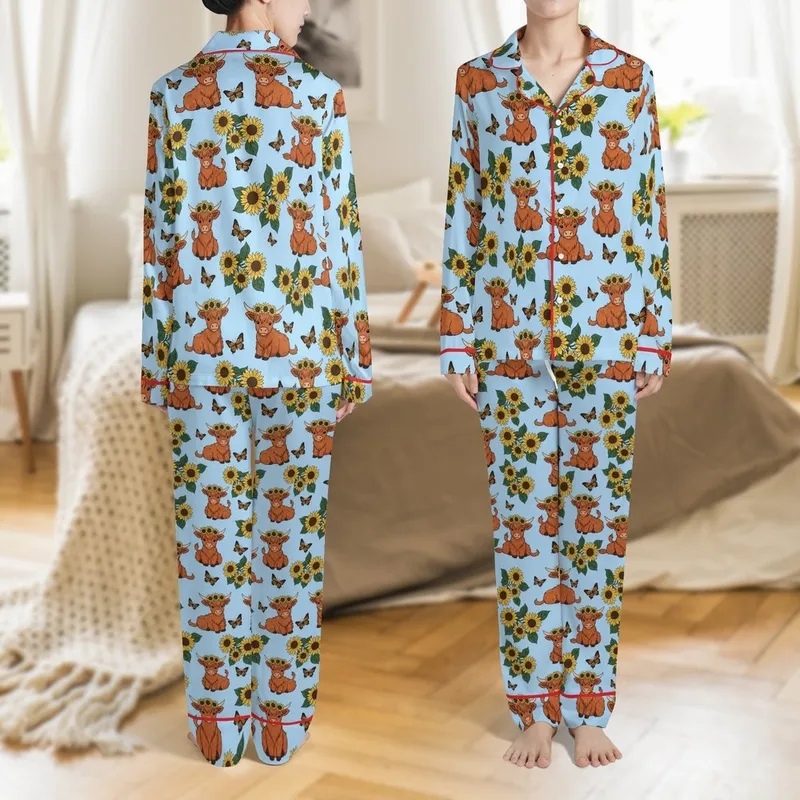 Animal Lovers' Whimsical Hand-Drawn Highland Calves Sunflower Wreath Butterfly Sky Blue Pattern Satin Pajamas Set - 1