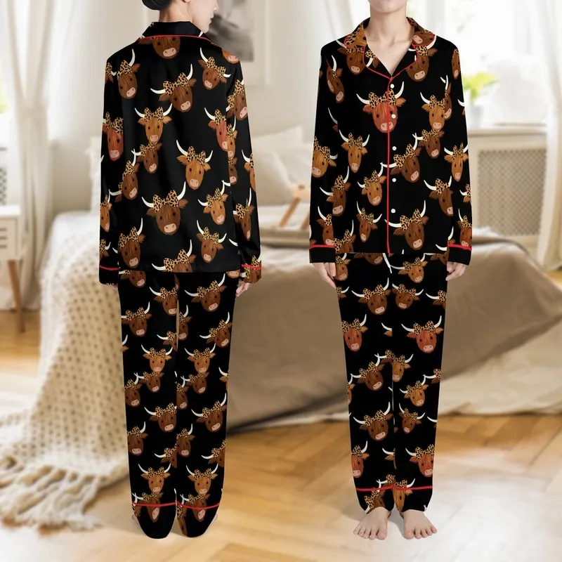 Animal Lovers' Whimsical Highland Cow Head Leopard Bow Repeating Pattern on Deep Black Satin Pajamas Set - 1