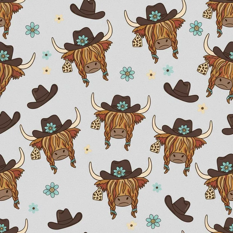 Western Style Lovers' Light Heather Gray Cartoon Highland Cow Head Cowboy Hat Turquoise Leopard Print Pattern Satin Pajamas Set - 1