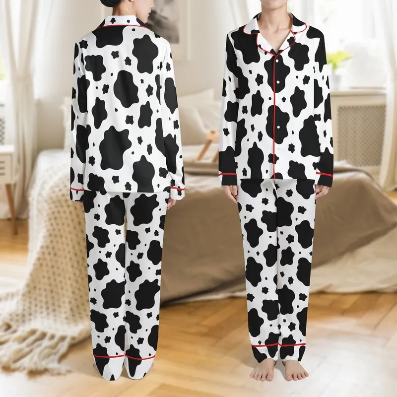 Modern Minimalist Unisex Black White Stylized Cowhide Abstract Organic Print Satin Pajamas Set - 1