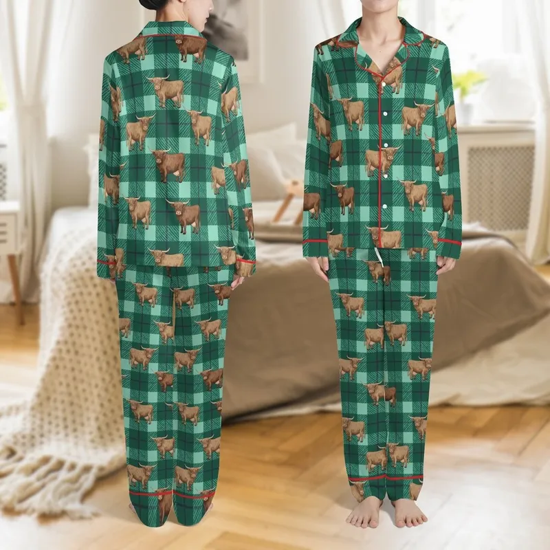 Nature Lovers' Rustic Highland Cow Tartan Plaid Forest Green Teal Mint Pattern Satin Pajamas Set - 1