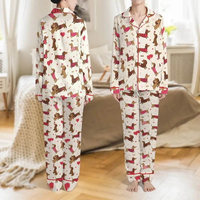 Dachshund Lovers' Whimsical Cartoon Dachshunds Cream Red Fuchsia Pink Hearts Paws Pattern Satin Pajamas Set - 1