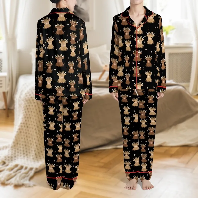 Women's Adorable Fluffy Baby Highland Cow Leopard Print Bow Repeating Pattern Black Brown Tan Satin Pajamas Set - 1