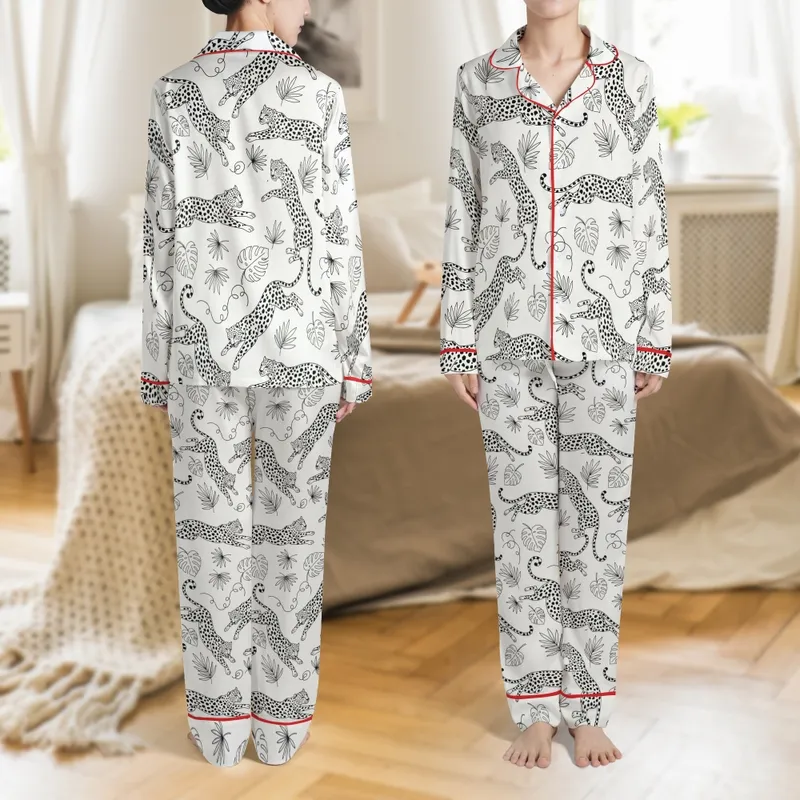 Plus Size Women's Hand-Drawn Leopard Jungle Lapel Long Sleeve Sleep & Loungewear Set Satin Pajamas Set - 1