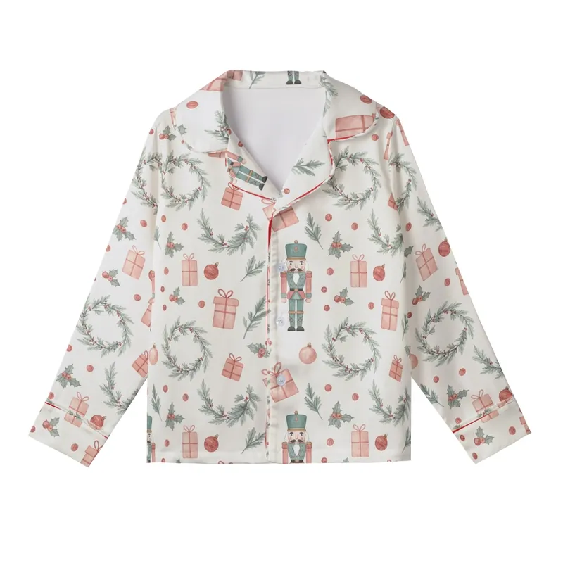 Family's Creamy Off-White Vintage Nutcracker Christmas Muted Teal Dusty Rose Holly Pine Pattern Satin Pajamas Set Kid Satin Pajamas Set - 1