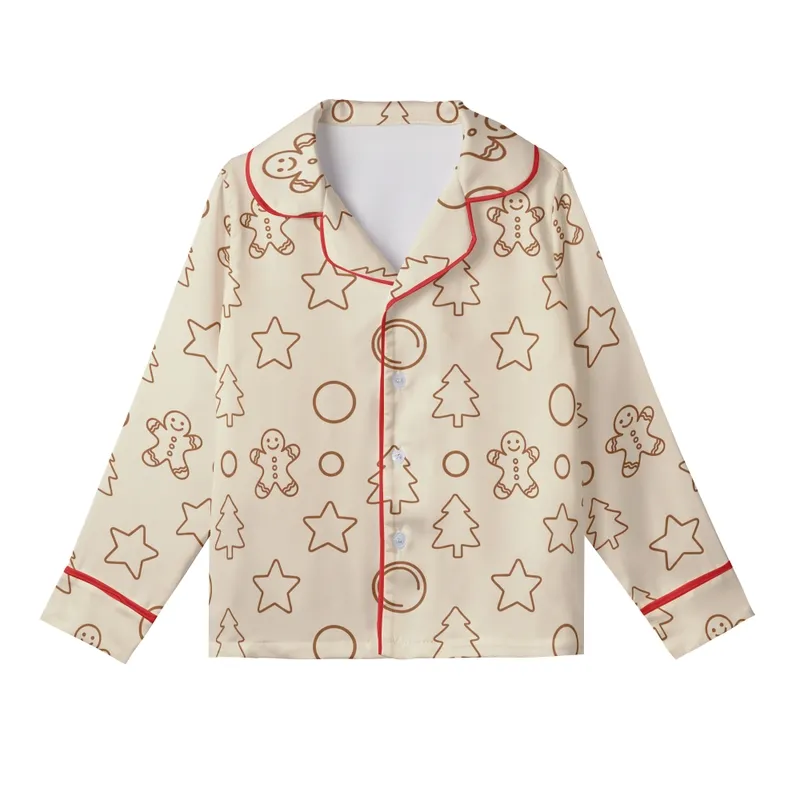 Women's Creamy Beige & Warm Brown Hand-Drawn Gingerbread Men, Minimalist Christmas Trees, Stars Kid Satin Pajamas Set - 1