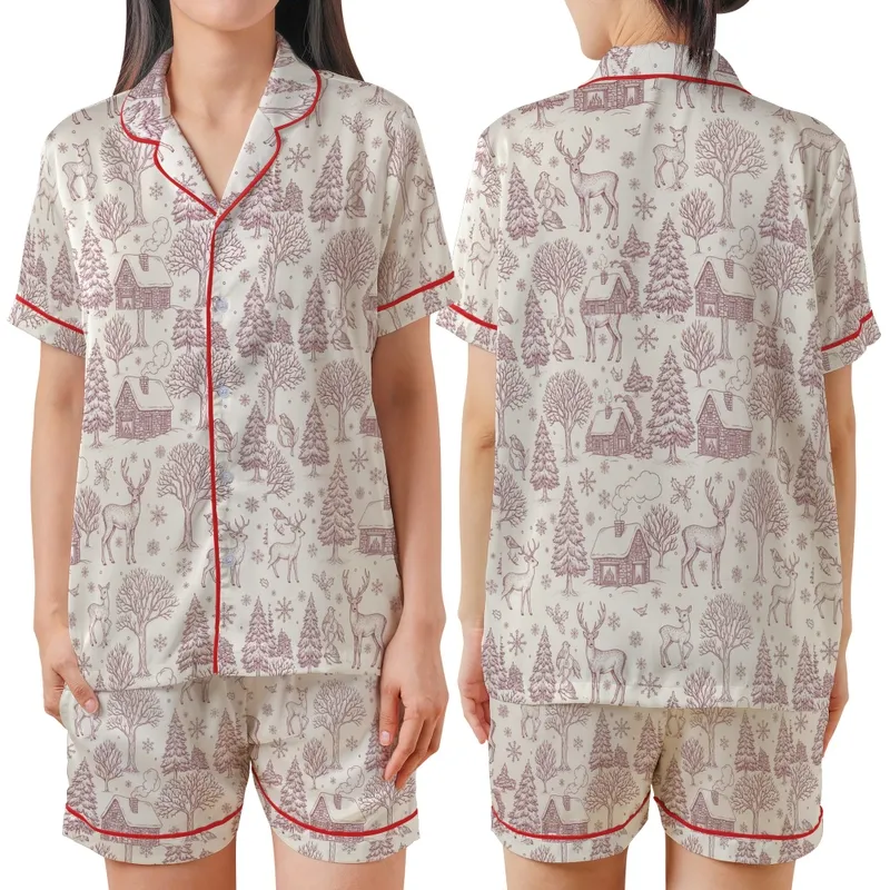 Family Christmas Vintage Toile Winter Wonderland Rustic Maroon Line Art Satin Short-Sleeve Pajamas Set - 1