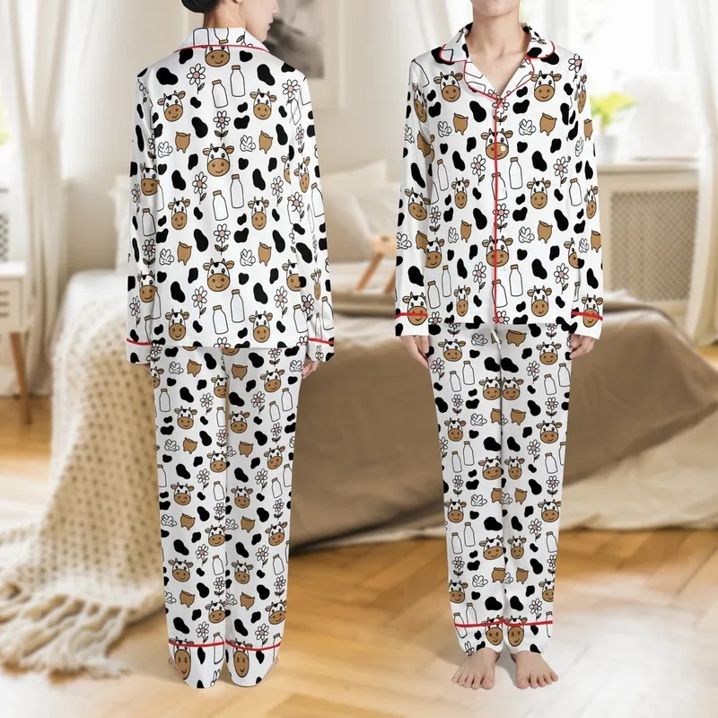 Cow Lovers' Playful Black White Brown Pink Cartoon Cow Faces, Spots, Milk Bottles & Daisy Flowers Seamless Pattern Satin Pajamas Set - 1