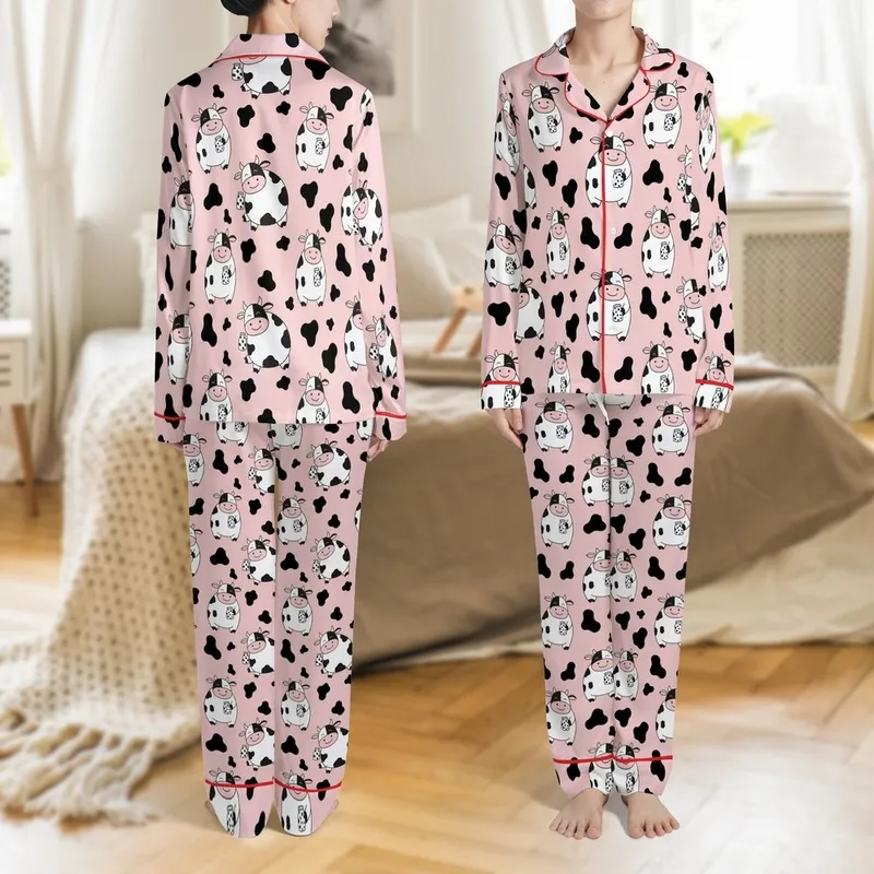 Cute Animal Lovers' Pastel Pink Whimsical Cartoon Cow Milk Bottle & Bold Black Spot Print Satin Pajamas Set - 1