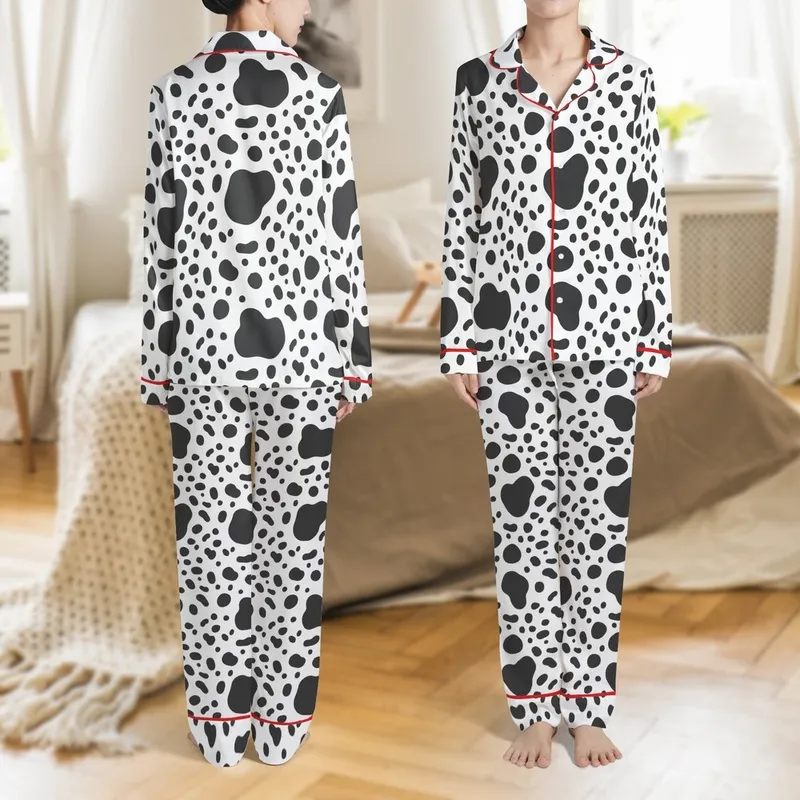 Playful Black Blotches Splatters White Abstract Organic Shapes Design Satin Pajamas Set - 1
