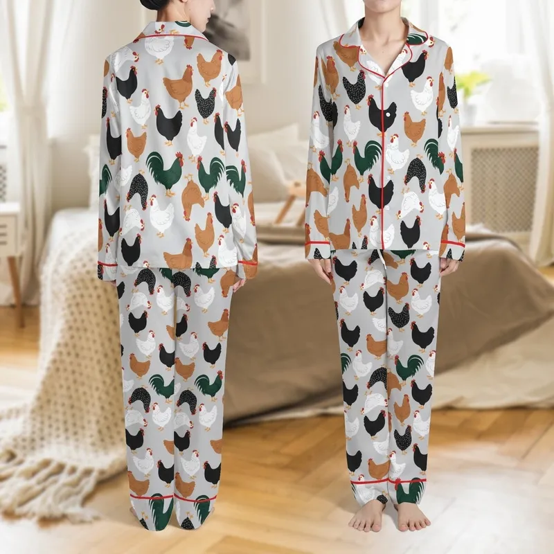 Chicken Lovers' Whimsical Multi-Colored Flat Graphic Chicken Rooster Seamless Pattern Heather Grey Satin Pajamas Set - 1