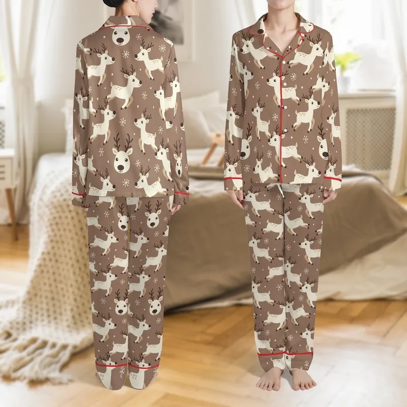 Whimsy Lovers' Rich Milk Chocolate Brown Cream Beige Cartoon Reindeer Snow Flurry Pattern Satin Pajamas Set - 1
