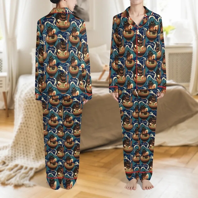 Cat & Ramen Lovers' Muted Red-Orange Teal Vintage Japanese Woodblock Black Cat Ramen Pattern Satin Pajamas Set - 1