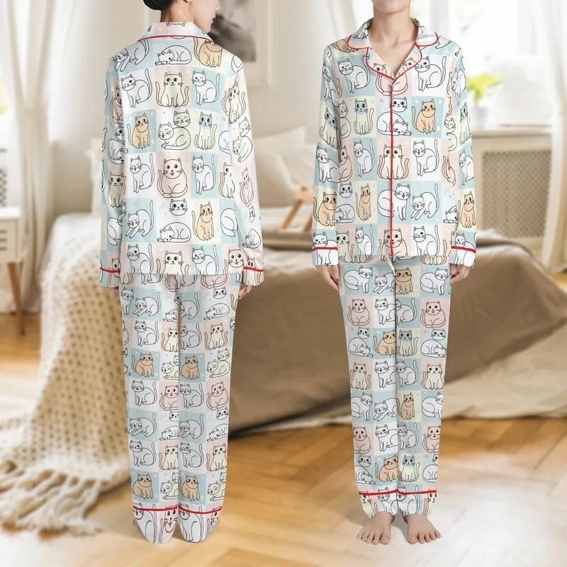 Cat Lovers' Adorable Pastel Pink Blue Gray Cartoon Cats Seamless All-Over Pattern Satin Pajamas Set - 1