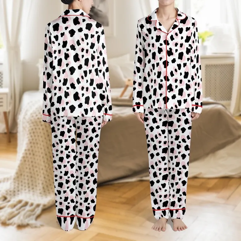Abstract Pattern Lovers' Graphic Black Cow Spots on White with Pastel Pink Abstract Flowing Shapes Satin Pajamas Set - 1