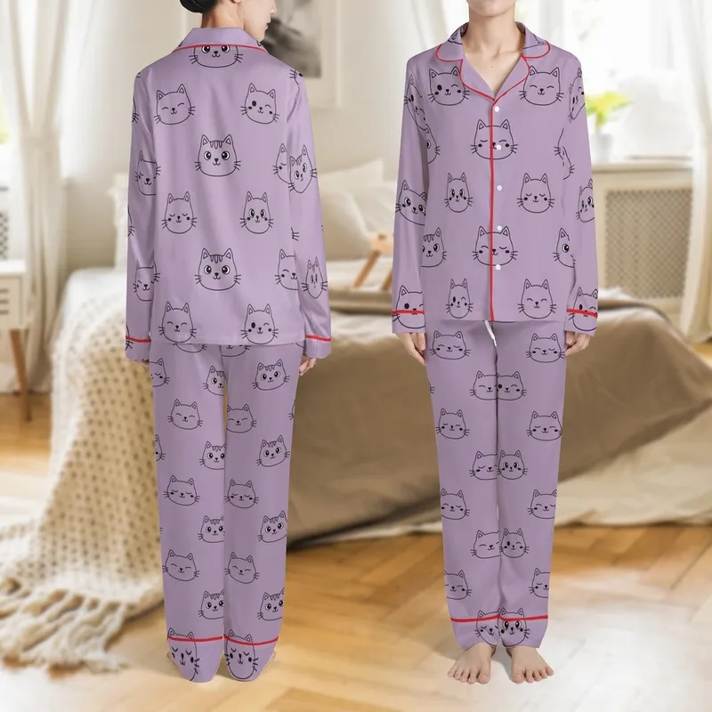 Cat Lovers' Kawaii Minimalist Lavender Purple Sleeping Playful Curious Cat Faces Seamless Pattern Satin Pajamas Set - 1