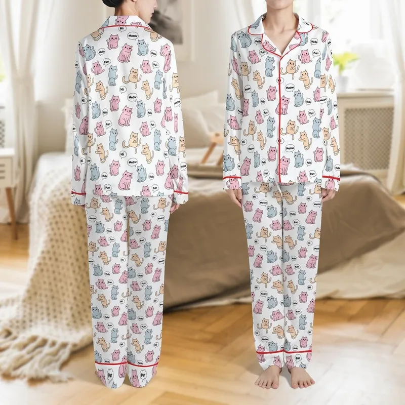 Cat Lovers' Seamless Playful Kawaii Pastel Pink, Peach & Blue-Grey Cartoon Cat Pattern with Meow Bubbles Satin Pajamas Set - 1