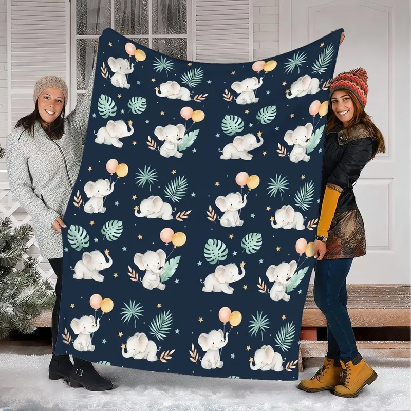 Whimsical Watercolor Deep Navy Baby Elephants Tropical Leaves Balloons Stars Pattern Bedding Set - 1