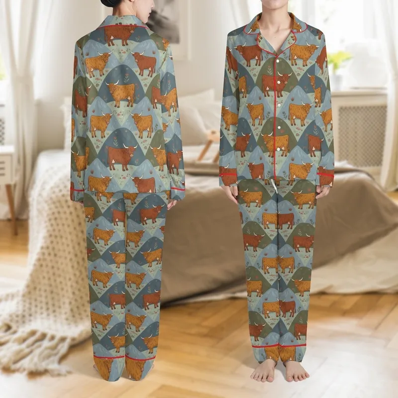 Highland Cow Fans' Hand-Drawn Rusty Orange Taupe Highland Cow Mountain Seamless Pattern Satin Pajamas Set - 1