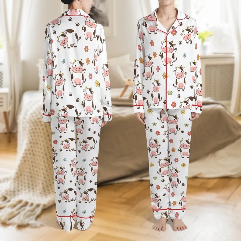 Cute Animal Lovers' Adorable Hand-Drawn Cartoon Cow Pattern with Pink Cheeks, Sunny Yellow Horns, Blue Butterflies, & Vibrant Flowers on White Satin Pajamas Set - 1