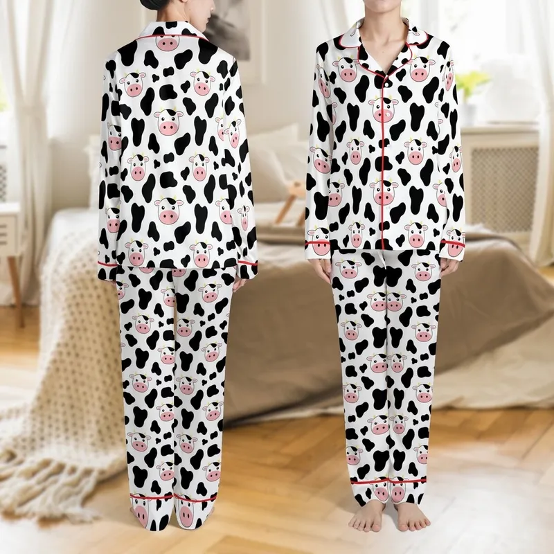 Animal Lovers' Whimsical Flat Graphic Cartoon Cow Face Pastel Pink Snout Black Spot Pattern Satin Pajamas Set - 1