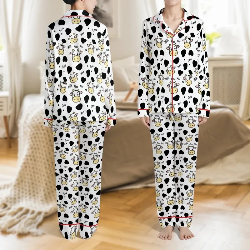 Cow Lovers' Playful White Black Yellow-Tan Pink Cartoon Cow Faces Spots Moo Pattern Satin Pajamas Set - 1