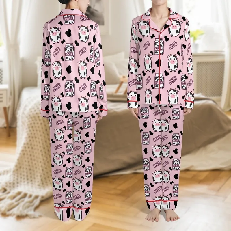 Kawaii Animal Lovers' Adorable Chibi Dairy Cow & Milk Carton Pastel Pink Pattern with Black Spots & Vibrant Pink Outlines Satin Pajamas Set - 1