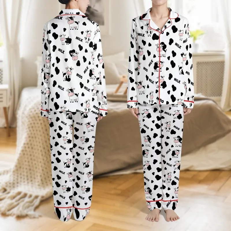 Cow Lovers' Whimsical Black White Pink Cartoon Cow Spot Milk Moo All-Over Pattern Satin Pajamas Set - 1