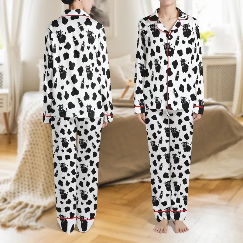 Cow Print Enthusiasts' Graphic Black White Cow Print Pattern with Whimsical Cows Milk Bottles & Hearts Satin Pajamas Set - 1