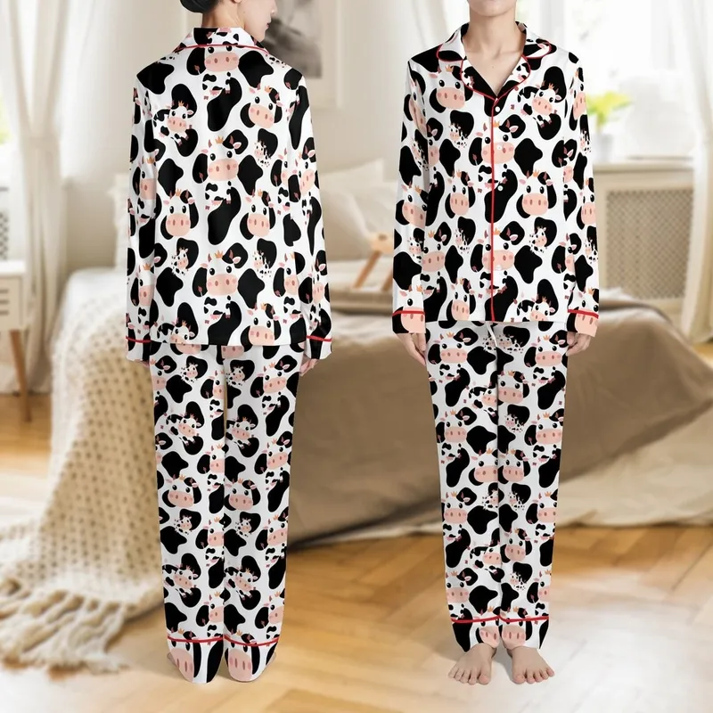 Whimsical Farm Animal Lovers' Playful Black White Cow Print Pink-Cheeked Crowned Cartoon Cows Satin Pajamas Set - 1