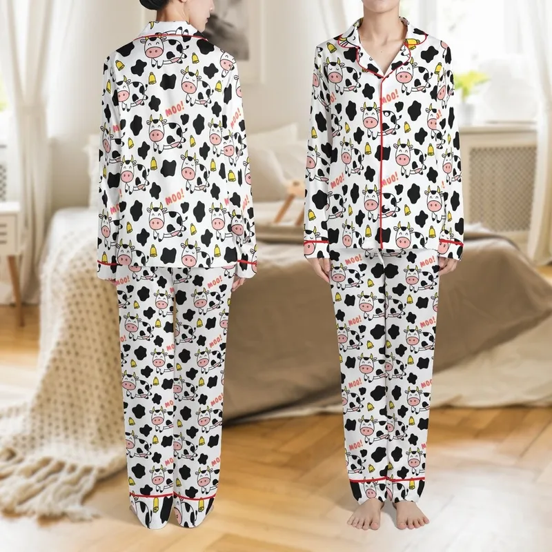 Cute Animal Lovers' Whimsical Cartoon Cow MOO Print Black Spotted Pink Snouts Yellow Horns White Background Satin Pajamas Set - 1
