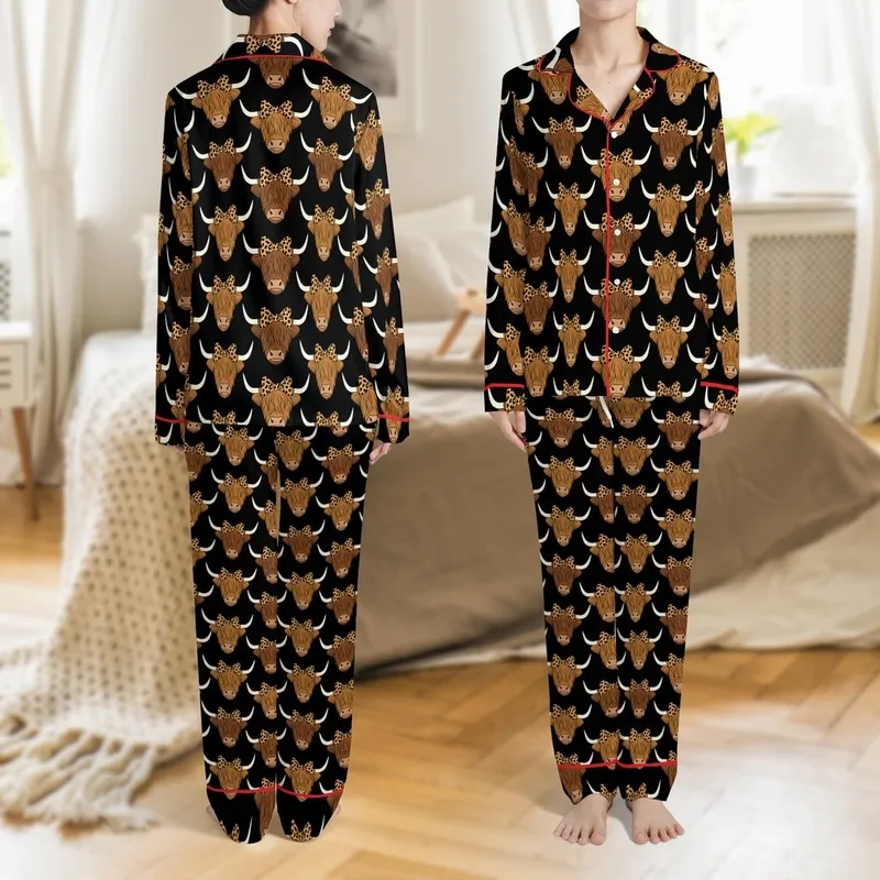 Women's Stylized Highland Cow Heads Leopard Print Bow Scattered All-Over Warm Brown Tan Beige on Deep Black Satin Pajamas Set - 1