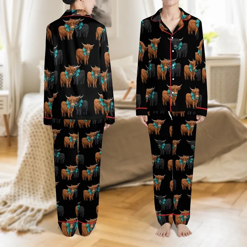 Cow Lovers' Charming Highland Cow Pairs Reddish-Brown Black Nuzzle Turquoise Bow Seamless Pattern Satin Pajamas Set - 1