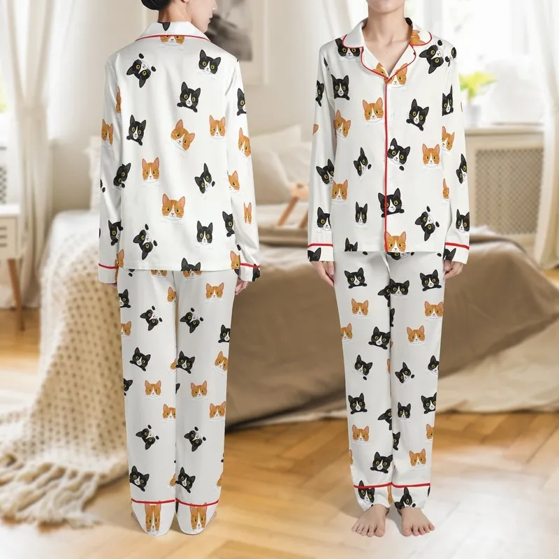 Cat Lovers' All-Over Seamless Pattern of Playful Black, Orange & White Stylized Cats with Yellow Eyes Satin Pajamas Set - 1