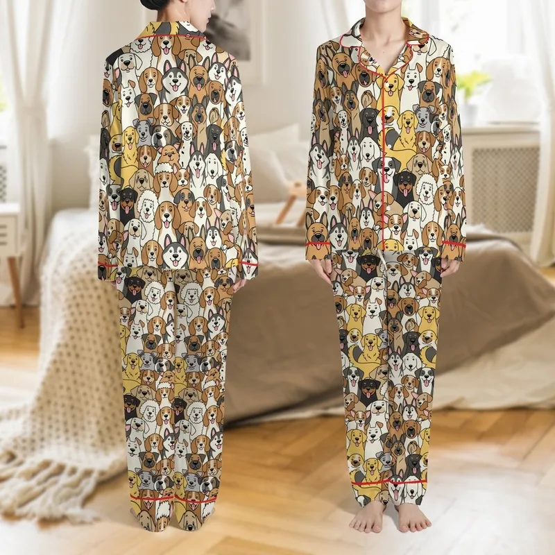 Dog Lover's Playful Cartoon Dog Breeds Design - Garment Print Satin Pajamas Set - 1