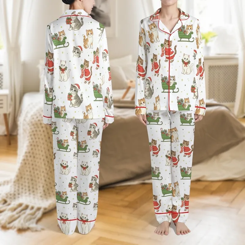 Cat Lovers' Whimsical Vintage Christmas Kittens All-Over Pattern with Festive Holly, Santa Hats & Golden Stars Satin Pajamas Set - 1