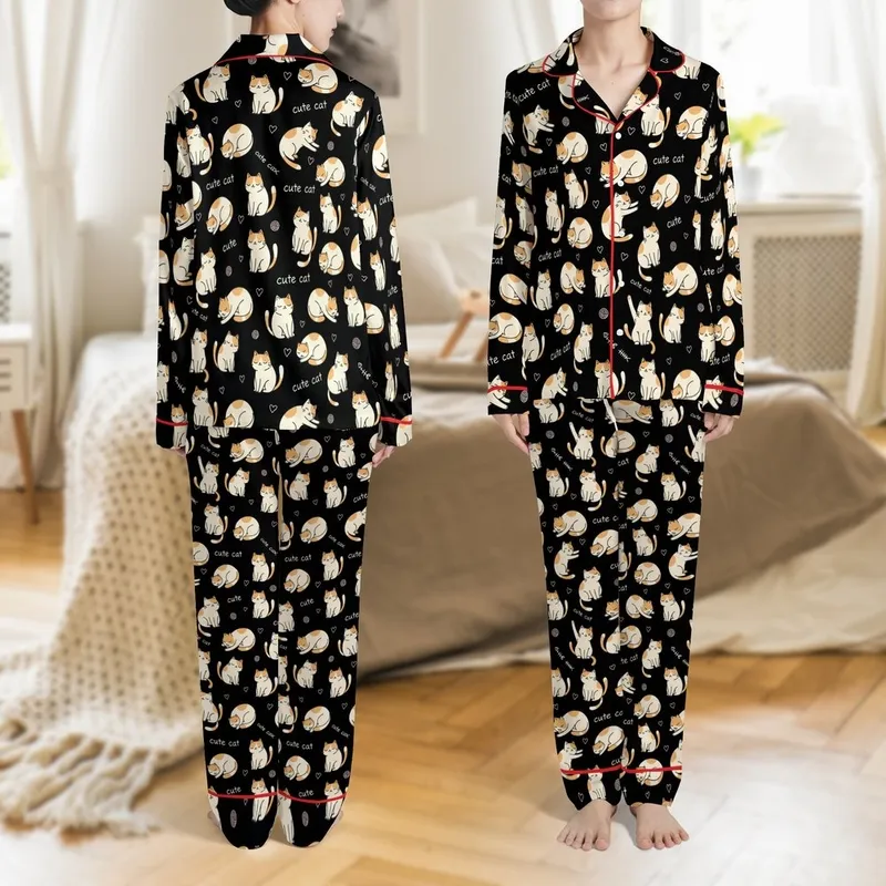 Cat Lovers' Whimsical Hand-Drawn All-Over Cartoon Cats Off-White Orange Beige Black Pattern with Fish Bones & Yarn Balls Satin Pajamas Set - 1