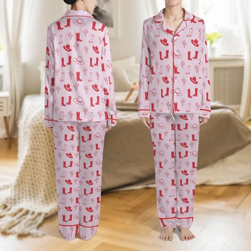 Cowgirl Style Lovers' Whimsical Naive Illustrative Crimson Rose Pink Cowboy Boot Hat Cacti Pattern Pale Lavender Satin Pajamas Set - 1