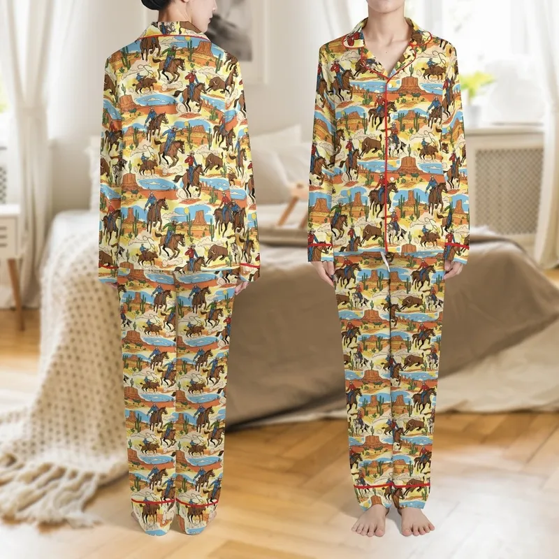 Western Enthusiasts' Vintage Comic Book Western Scenes Seamless Pattern Creamy Yellow Sky Blue Orange Accents Satin Pajamas Set - 1