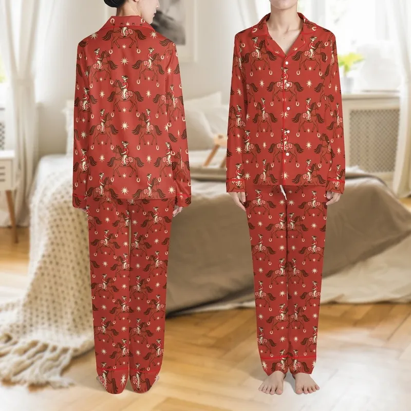 Western Style Enthusiasts' Vintage Illustrative Rust Red Horse Rider Repeating Pattern Satin Pajamas Set - 1