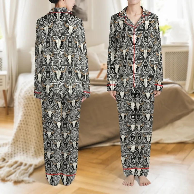 Western Art Lover's Seamless Black Bone White Tribal Geometric Cow Skull Design with Tan Horns, Feathers, and Arrows Satin Pajamas Set - 1
