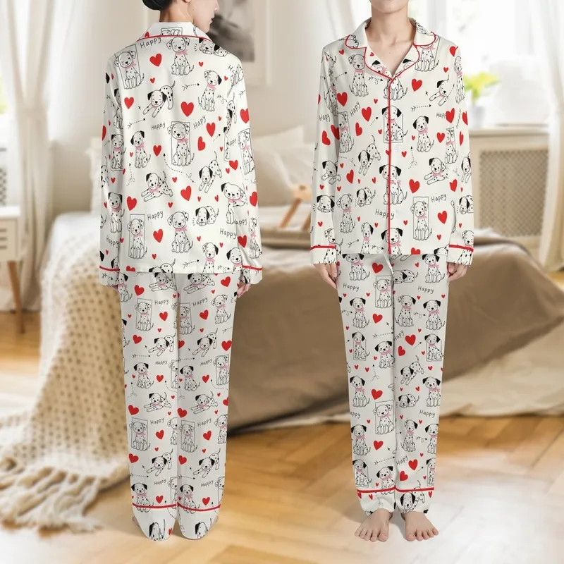 Puppy Lovers' Whimsical Hand-Drawn Cartoon Dalmatian Puppies & Red Hearts Cream Pattern Satin Pajamas Set - 1