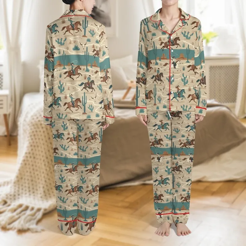 Western Enthusiasts' Muted Teal Sandy Beige Vintage Illustrative Western Desert Cowboy Cowgirl All-Over Pattern Satin Pajamas Set - 1