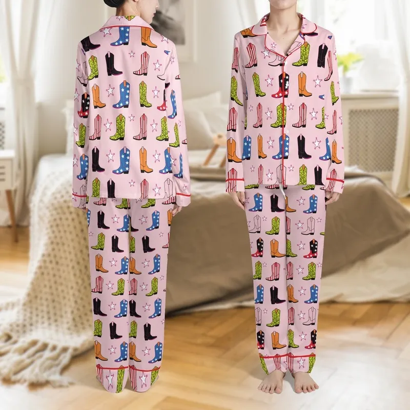 Women's Whimsical Western Soft Pink Cowboy Boots Leopard Stripes Stars Pattern Satin Pajamas Set - 1