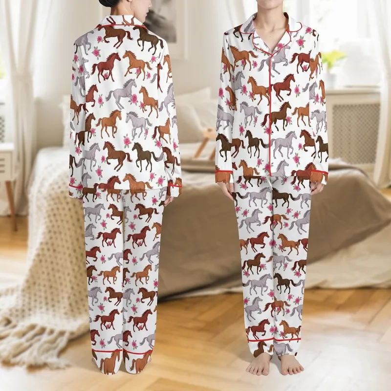 Horse Lovers' Graceful Wild Horses Fuchsia Pink Roses Botanical Equine White Pattern Satin Pajamas Set - 1