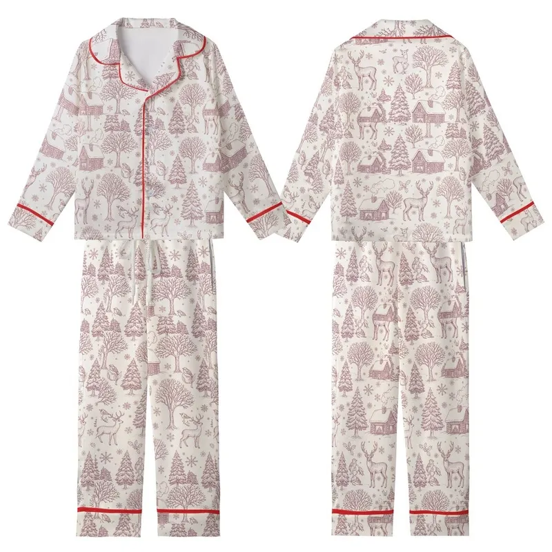 Family Christmas Vintage Toile Winter Wonderland Rustic Maroon Line Art Kid Satin Pajamas Set - 1