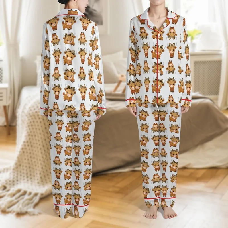 Animal Lovers' Whimsical Warm Brown Baby Highland Cow Leopard Bow Pattern Satin Pajamas Set - 1