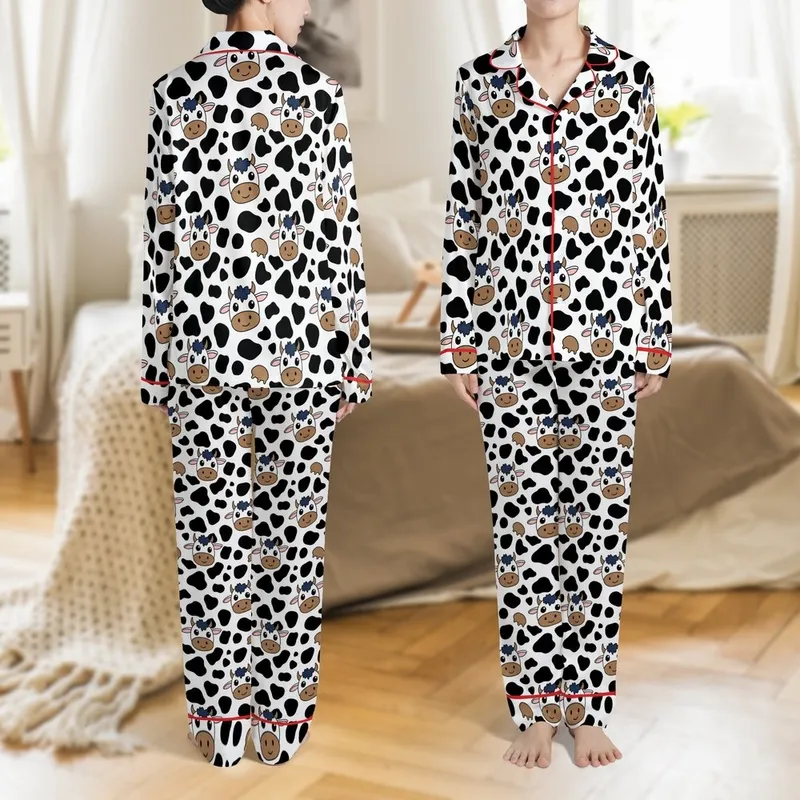 Playful Cow Print Enthusiasts' White Black Cow Spot Pattern, Cartoon Cow Faces, Pink Ears, Blue Tufts, Udder Shapes Satin Pajamas Set - 1