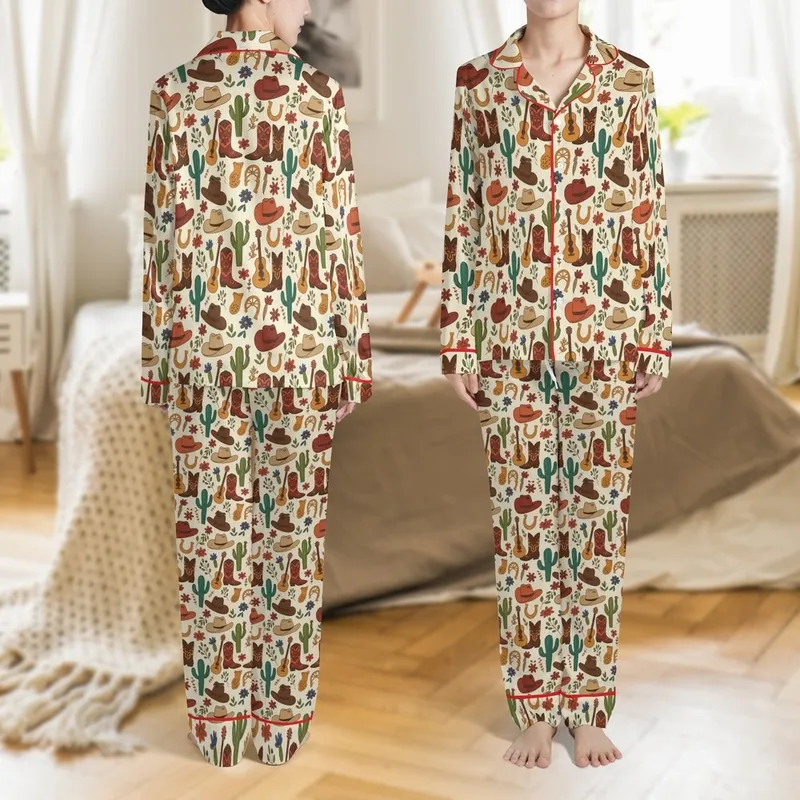 Western Lifestyle Lovers' Playful Hand-Drawn Desert Cream Pattern with Cowboy Hats, Cacti, & Horseshoes Satin Pajamas Set - 1